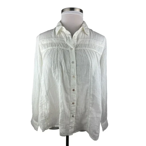 Sundance White Cotton Long Sleeve Button Up Blouse Crochet Boho Sheer Size Small - Picture 2 of 14